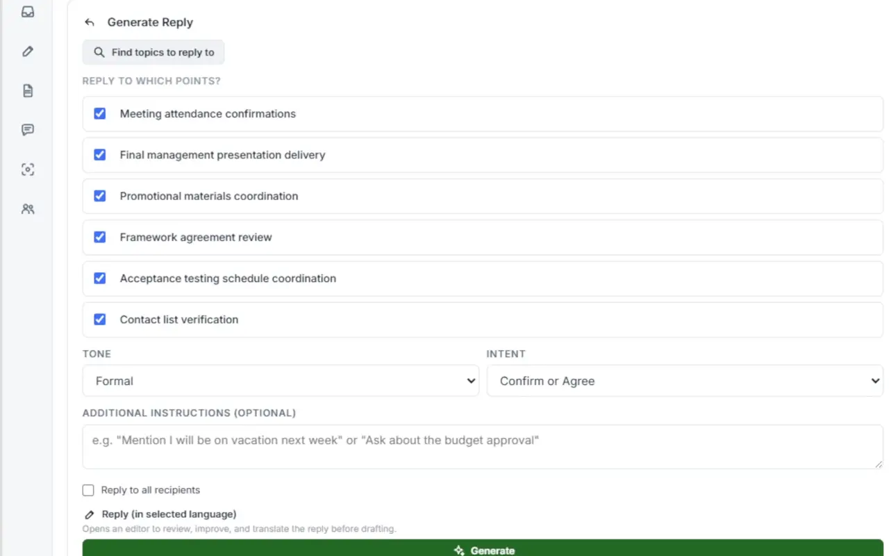 Generate Reply: the points to answer, tone and intent