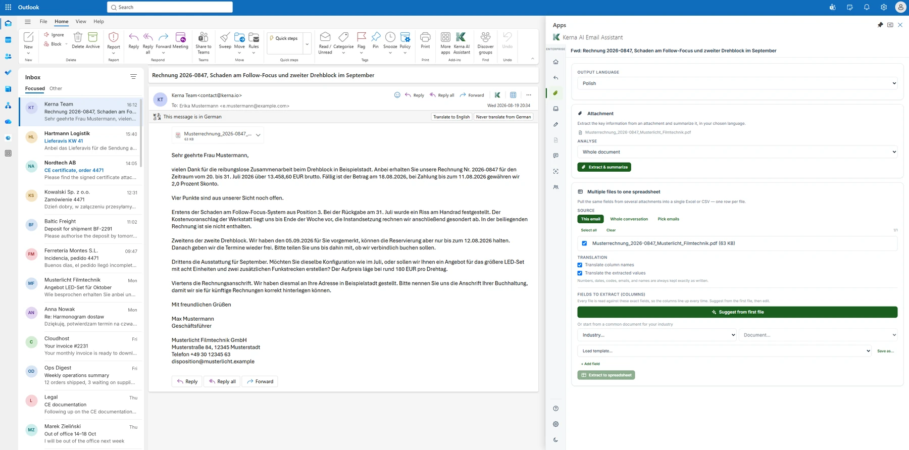 An invoice email in Outlook with the Kerna pane open beside it, set to put several files into one spreadsheet