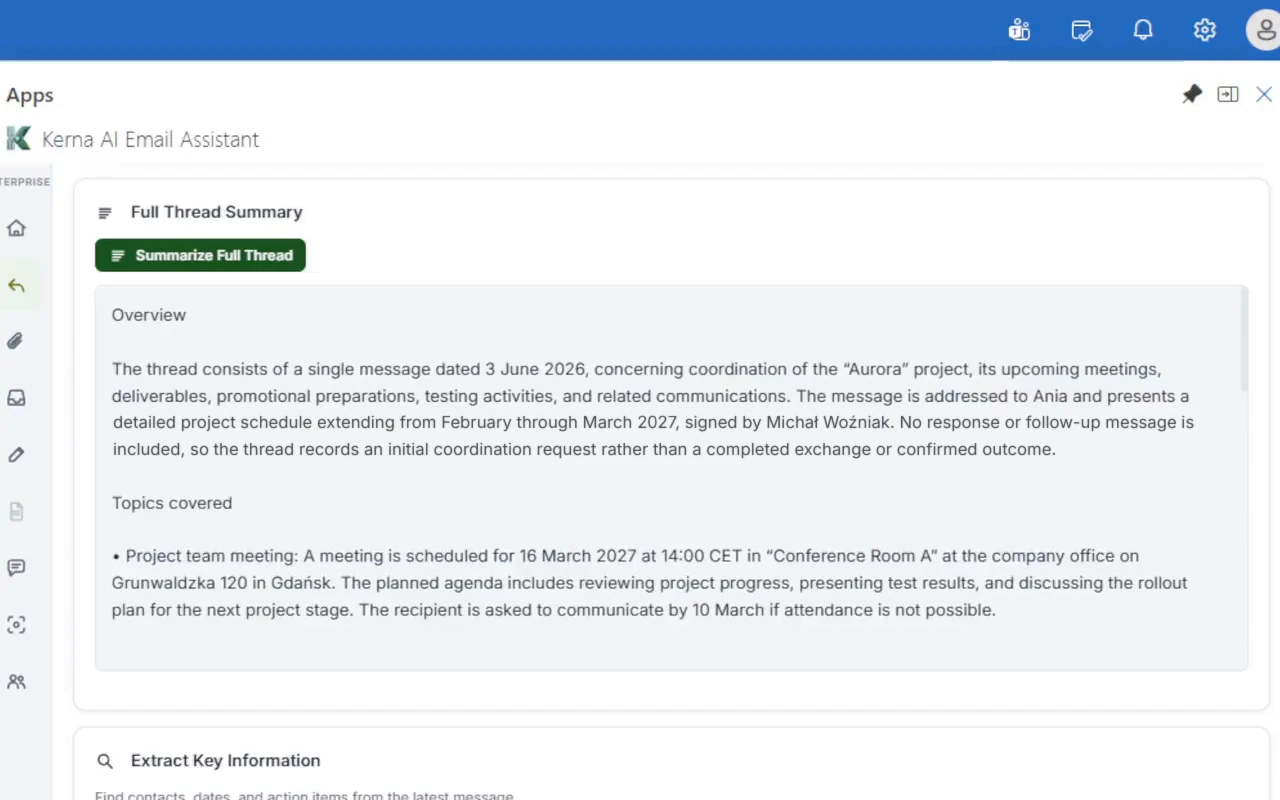 Full thread summary in the Kerna pane in Outlook
