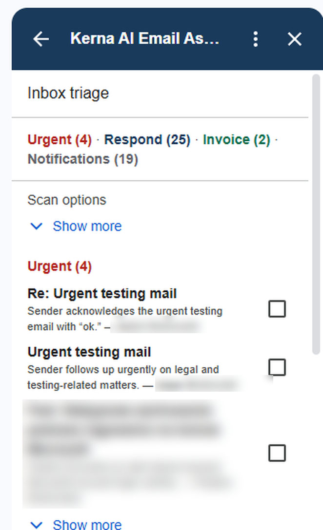 The same Gmail messages coming back grouped by category, each with its reason