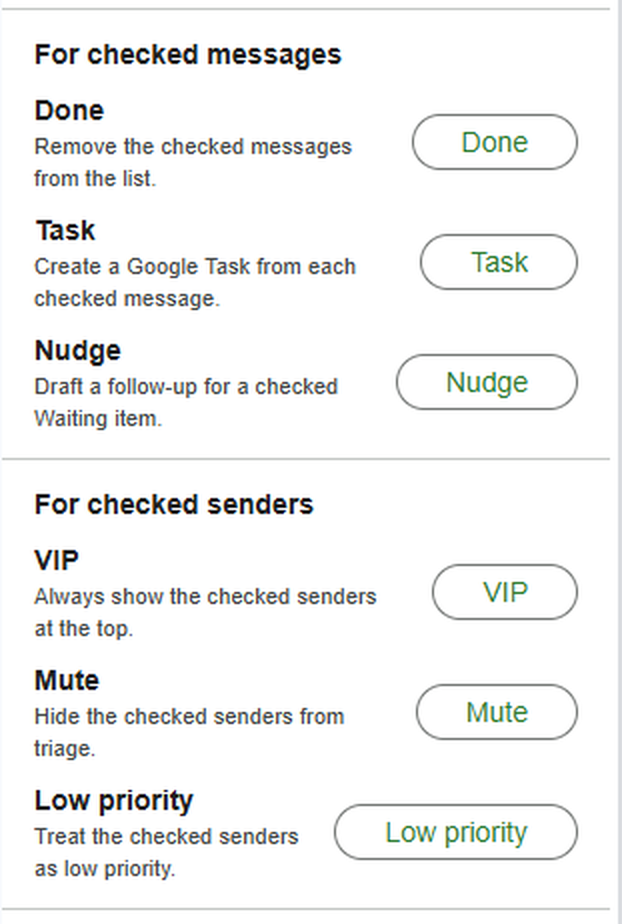 The Gmail message list after triage, unchanged, with the sorted view beside it
